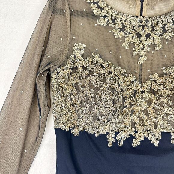 Xscape Noah Illusion Long Sleeve Lace Matte Jersey Gown Ruched Size 6 Navy Gold - Picture 7 of 16